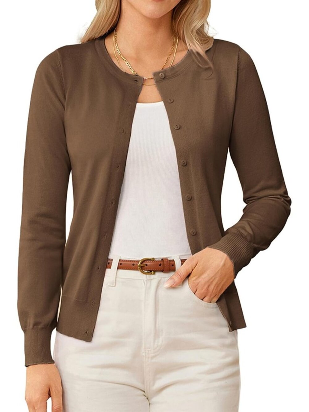 🆕Women's Brown Lightweight Knit Cardigan Sweater Crew Neck Button Front